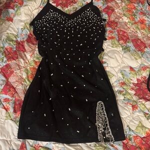 Elegant Black Embellished Dress With Dimond Slit Open Back Size Small